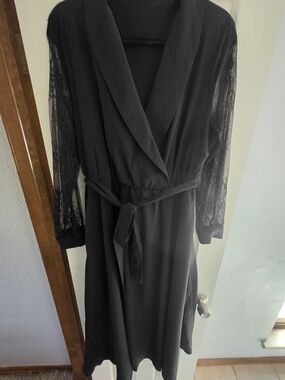 BloomChic Black Lace Sleeve Robe with Shawl Collar and Waist Tie